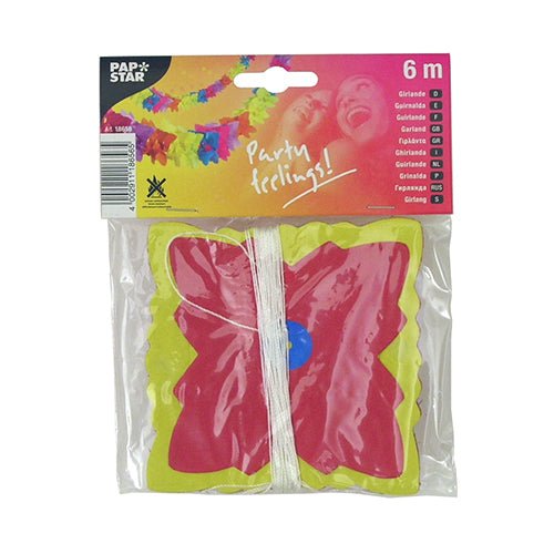 A 6-meter-long PAPSTAR Paper garland (Ø 12 cm) for parties, in a clear bag labeled "Party feelings!", featuring a colorful butterfly design. Brand: PAPSTAR GmbH.