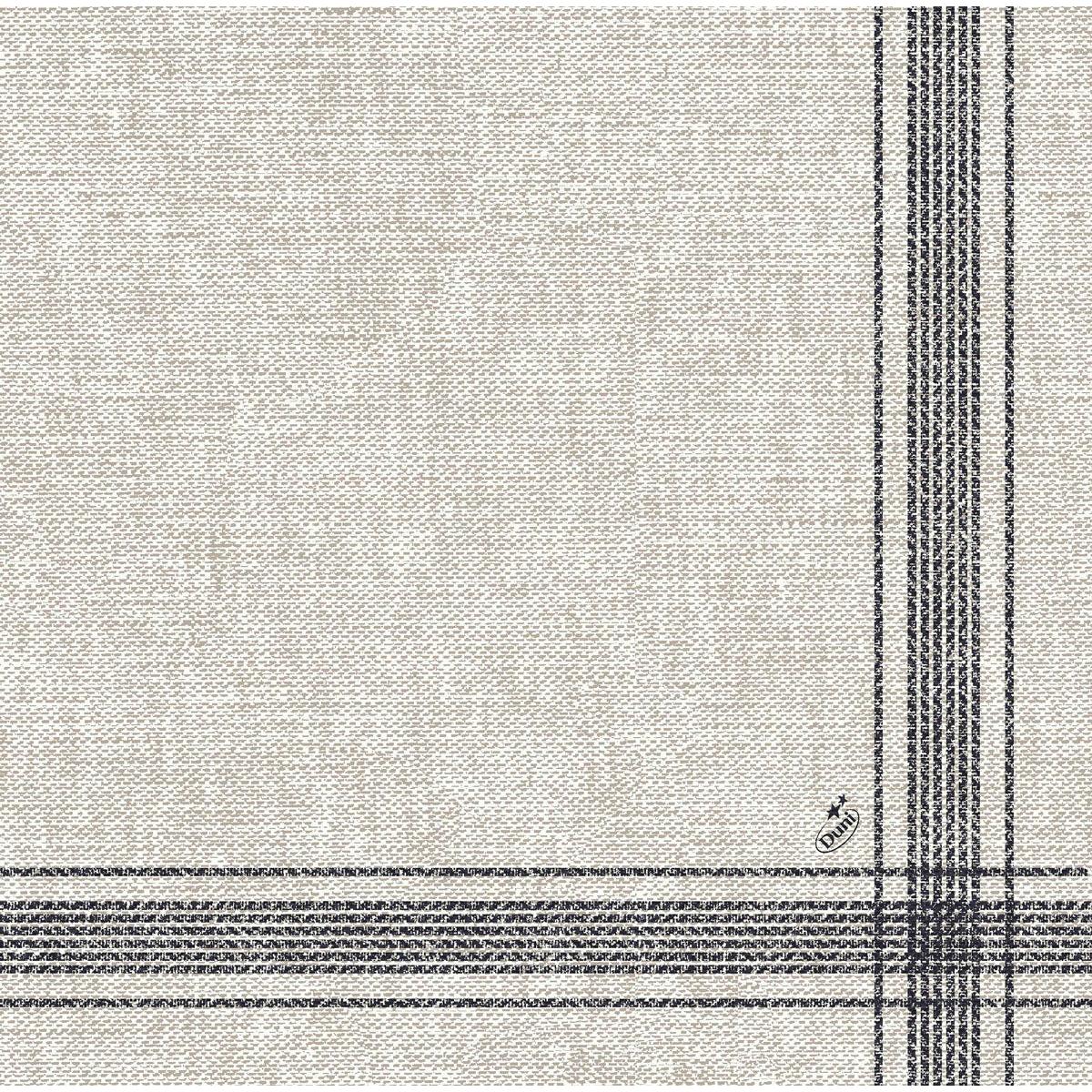 The beige Dunilin napkins 40 x 40 cm 1/4 fold from Duni GmbH are made of high-quality fabric with a woven structure and intersecting black grid lines in one corner - perfect for elegant spaces.