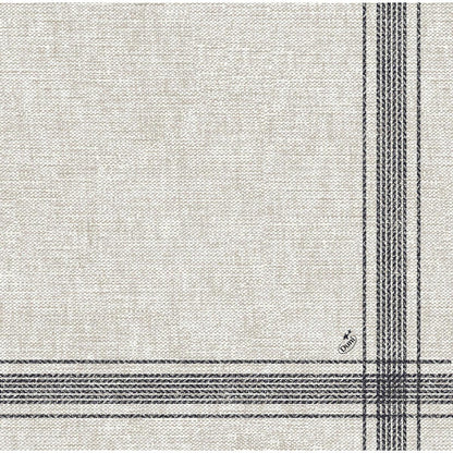 The beige Dunilin napkins 40 x 40 cm 1/4 fold from Duni GmbH are made of high-quality fabric with a woven structure and intersecting black grid lines in one corner - perfect for elegant spaces.