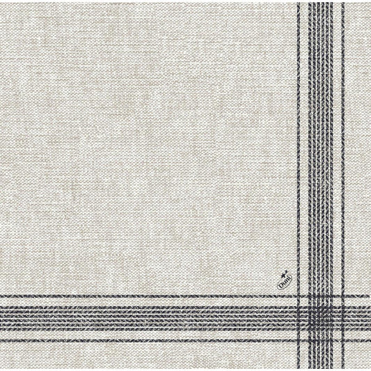 The beige Dunilin napkins 40 x 40 cm 1/4 fold from Duni GmbH are made of high-quality fabric with a woven structure and intersecting black grid lines in one corner - perfect for elegant spaces.