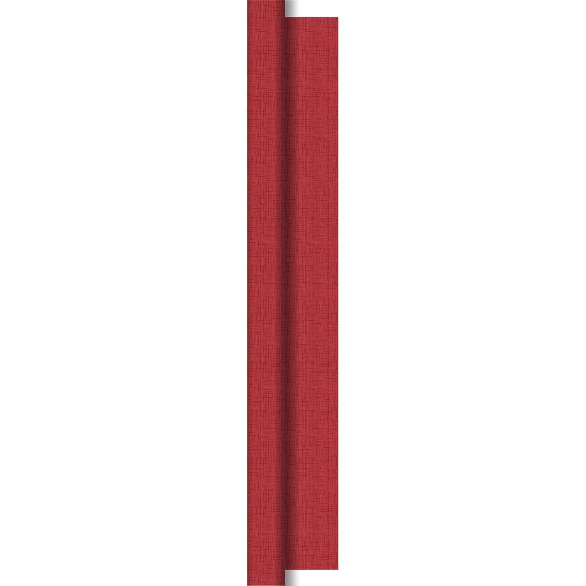 A vertical stripe of structured red Dunisilk tablecloth rolls 1.18 m x 25 m by Duni GmbH with a subtle woven pattern and a curved fold that reveals a thin silver edge on the right side.