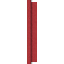 A vertical stripe of structured red Dunisilk tablecloth rolls 1.18 m x 25 m by Duni GmbH with a subtle woven pattern and a curved fold that reveals a thin silver edge on the right side.