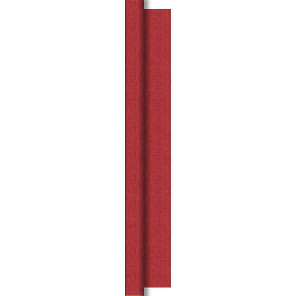 A vertical stripe of structured red Dunisilk tablecloth rolls 1.18 m x 25 m by Duni GmbH with a subtle woven pattern and a curved fold that reveals a thin silver edge on the right side.