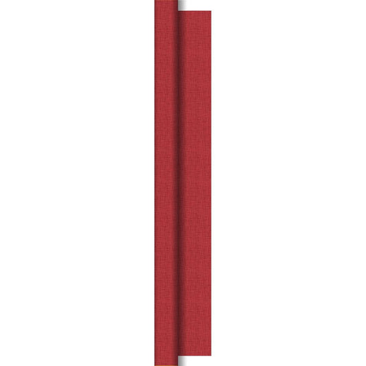 A vertical stripe of structured red Dunisilk tablecloth rolls 1.18 m x 25 m by Duni GmbH with a subtle woven pattern and a curved fold that reveals a thin silver edge on the right side.