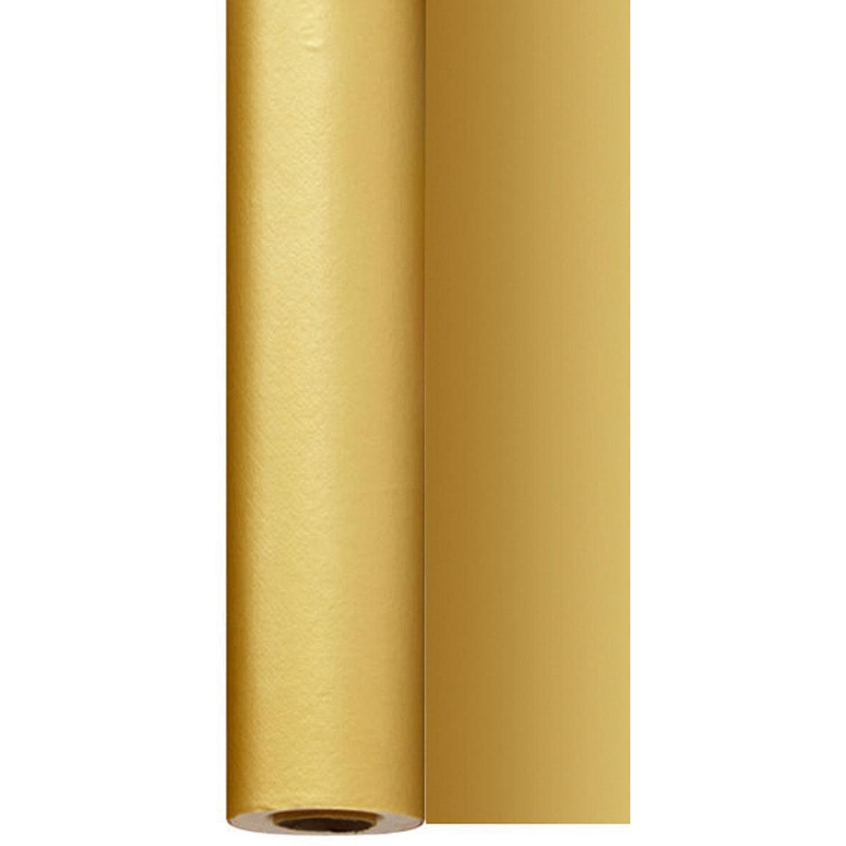 A roll of Dunisilk tablecloth rolls 1.18 m x 25 m by Duni GmbH is shown upright and partially unrolled, highlighting the smooth, gold-glossy surface - ideal for special occasions in gastronomy.