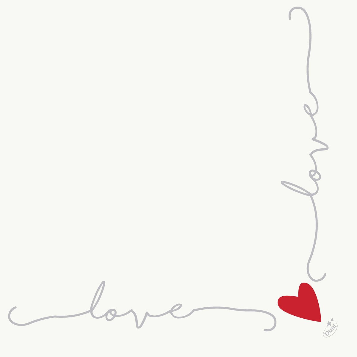 The Dunisoft napkins 40 x 40 cm 1/4 fold by Duni GmbH feature a minimalist design: "love" in gray script forms two sides of a square with a red heart in the corner on a plain white background.