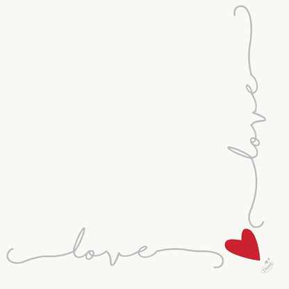 The Dunisoft napkins 40 x 40 cm 1/4 fold by Duni GmbH feature a minimalist design: "love" in gray script forms two sides of a square with a red heart in the corner on a plain white background.