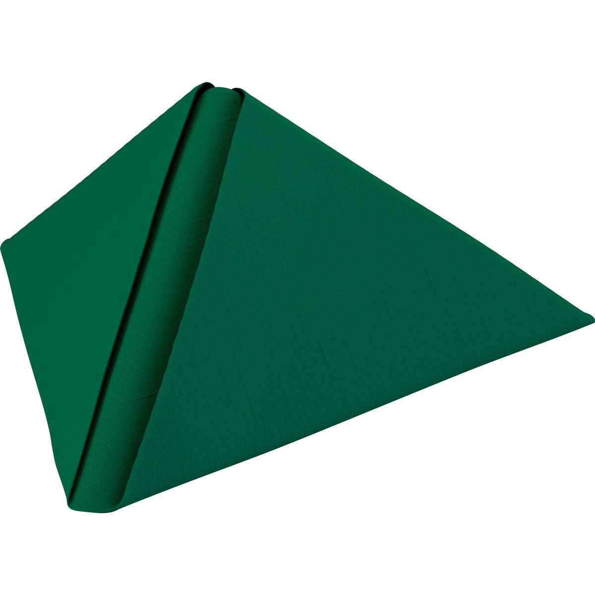 A dark green Duni GmbH Dunilin napkin 40 x 40 cm 1/4 fold is pyramid-shaped folded, with a visible crease running from the top down, and stands on a plain white background.