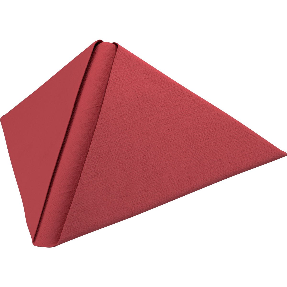 A red Dunilin napkin 40 x 40 cm 1/4 fold from Duni GmbH is folded into a triangular, pyramid-like shape against a white background, showcasing its high-quality fabric with a subtle textured pattern.
