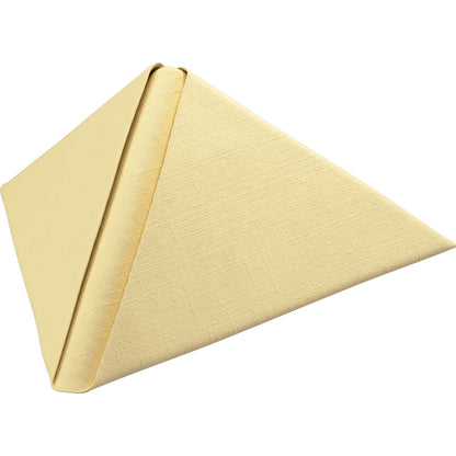 A folded light yellow Dunilin napkin 40 x 40 cm 1/4 fold from Duni GmbH stands upright in a triangular shape against a white background and features a high-quality, fabric-like texture with visible weave patterns.