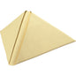 A folded light yellow Dunilin napkin 40 x 40 cm 1/4 fold from Duni GmbH stands upright in a triangular shape against a white background and features a high-quality, fabric-like texture with visible weave patterns.