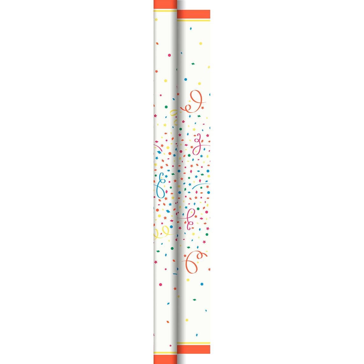 Vertical depiction of the Dunicel tablecloth rolls 1.18m x 40m "Confetti" by Duni GmbH with colorful confetti and streamers on a white background, orange borders at the top and bottom, as well as colorful dots, stars, and flourishes for a festive look.