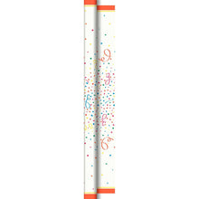 Vertical depiction of the Dunicel tablecloth rolls 1.18m x 40m "Confetti" by Duni GmbH with colorful confetti and streamers on a white background, orange borders at the top and bottom, as well as colorful dots, stars, and flourishes for a festive look.
