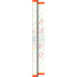 Vertical depiction of the Dunicel tablecloth rolls 1.18m x 40m "Confetti" by Duni GmbH with colorful confetti and streamers on a white background, orange borders at the top and bottom, as well as colorful dots, stars, and flourishes for a festive look.