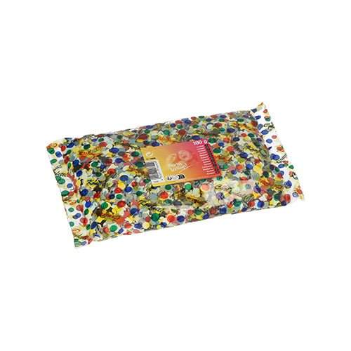 A transparent PAPSTAR GmbH confetti bag, filled with colorful, round confetti for parties and decoration, is sealed and adorned with a party decoration sticker. The product (1 piece, color-sorted) is depicted on a white background.