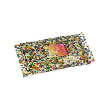 A transparent PAPSTAR GmbH confetti bag, filled with colorful, round confetti for parties and decoration, is sealed and adorned with a party decoration sticker. The product (1 piece, color-sorted) is depicted on a white background.