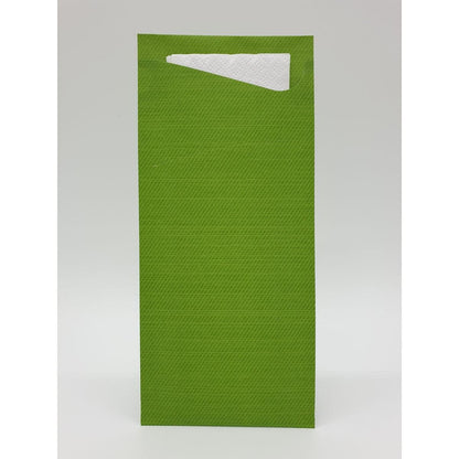 A green, textured, rectangular envelope, like the Duni GmbH Sacchetto tissue 190 x 85 mm, stands upright against a white background, with a small corner of white paper peeking out from the top opening.
