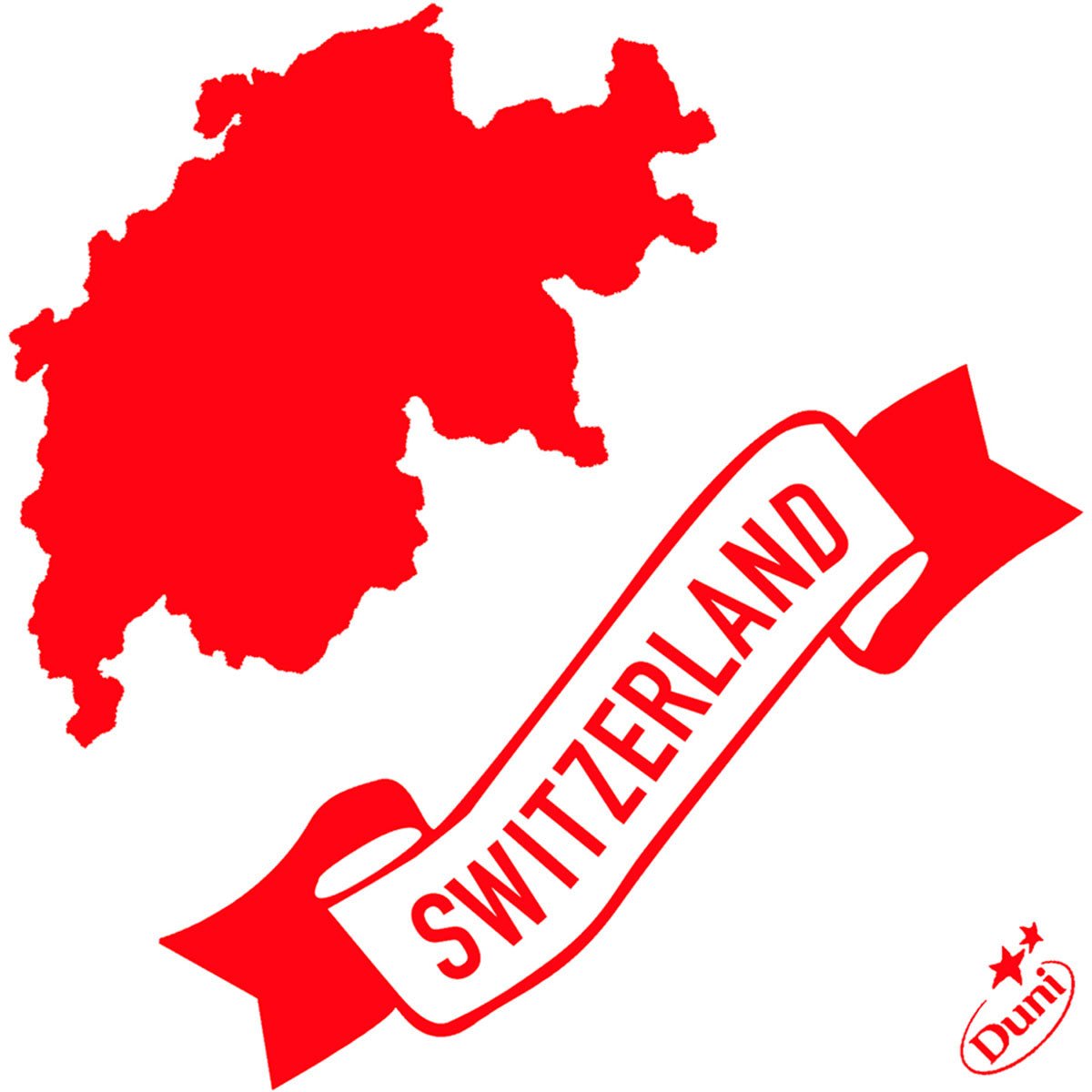 A red silhouette map of Switzerland appears over a red ribbon with the bold lettering "Switzerland". The Duni GmbH logo with two stars at the bottom right highlights high-quality Dunisoft napkins 40 x 40 cm 1/4 fold.