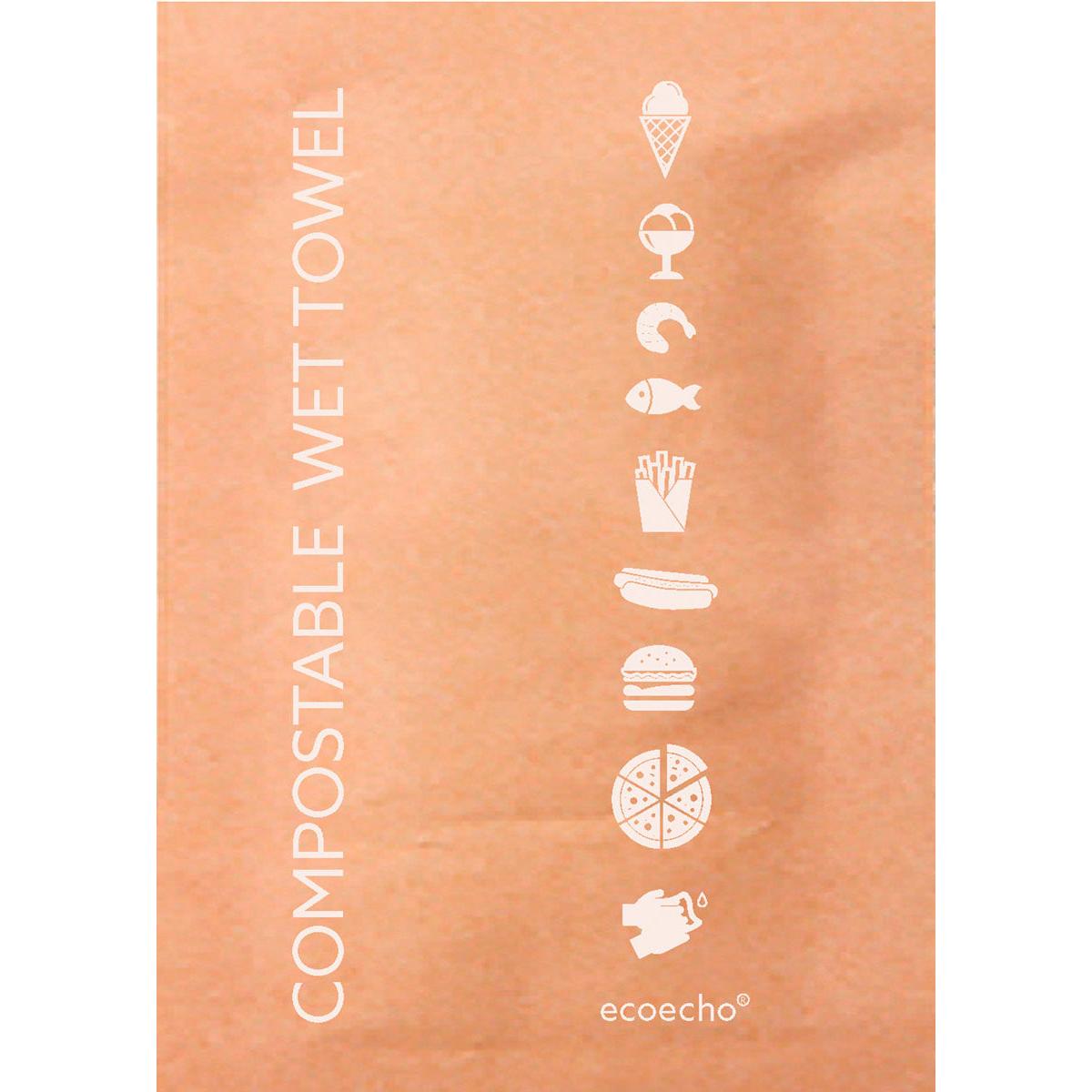 The refreshment towel 50x70 mm from Duni GmbH is compostable, brown, with white food icons and the inscription "COMPOSTABLE WET TOWEL" and "ecoecho" - ideal as an eco-friendly refreshment towel for on the go. Pack of 1000 pieces.