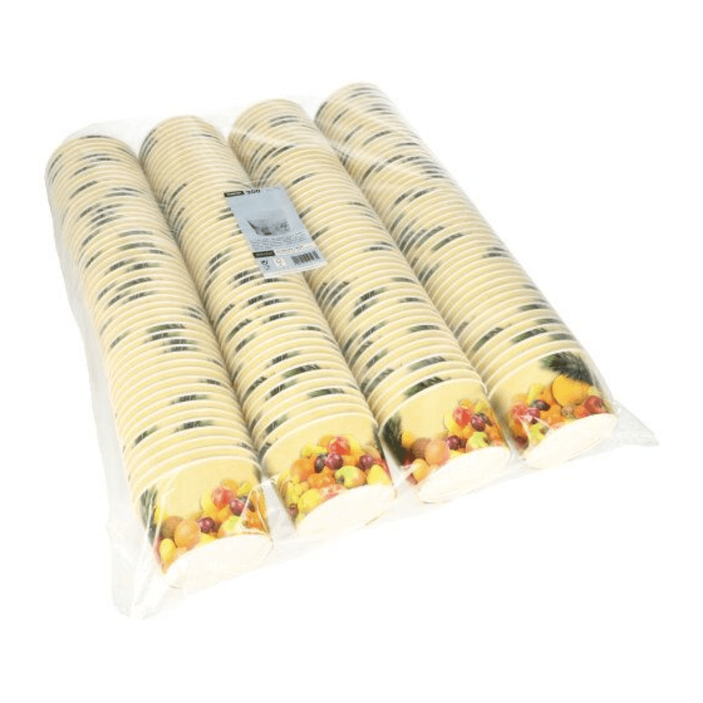 A plastic-wrapped pack of Starpak Ice Cream To Go cardboard disposable cups is arranged in three neat stacks, each featuring a colorful design with grapes, berries, and leaves at the edge. A label with product information is visible on the packaging.
