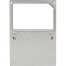 A rectangular metal plate for cassette DF10/20 for Polardeli rPET 300/500/750ml tray from Duni GmbH has a window with a cutout at the top, two screws at the bottom in the middle, and the engraving "187028" in the lower left corner.