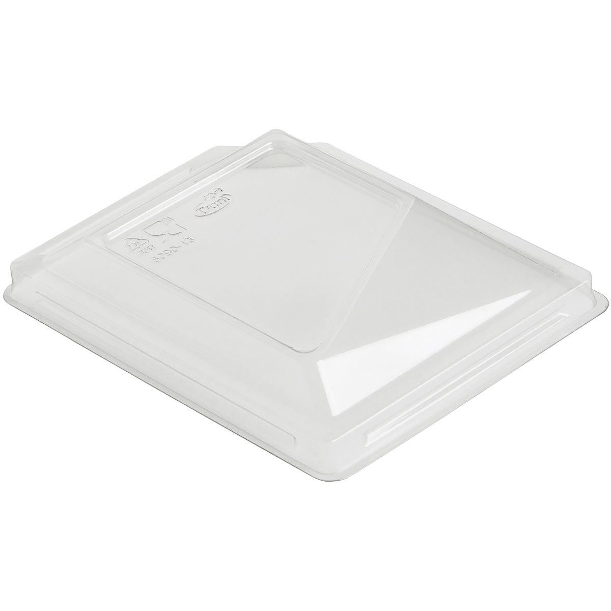 The Polardeli rPET lid for 187030 Transparent rPET 108x86x18 from Duni GmbH is shown on a white background with raised edges and embossed recycling symbols, emphasizing its eco-friendly design made from recycled PET. Package: 630 pieces.