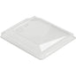 The Polardeli rPET lid for 187030 Transparent rPET 108x86x18 from Duni GmbH is shown on a white background with raised edges and embossed recycling symbols, emphasizing its eco-friendly design made from recycled PET. Package: 630 pieces.