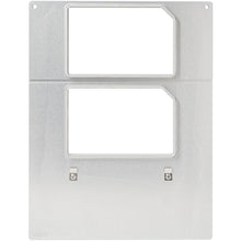 A silver plate with two rectangular cutouts and beveled edges, designed for use with cassette DF15/25 for Polardeli rPET 300, 500, 750 ml bowl (2-use) from Duni GmbH - ideal for the presentation of food or the integration of display systems.