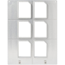 The Duni GmbH cassette DF15/25 for Polardeli rPET Mini 100 ml (6-piece nest) features a metal plate with six rectangular cutouts in two columns and three rows, with rounded top left corners and two screws at the bottom edge.