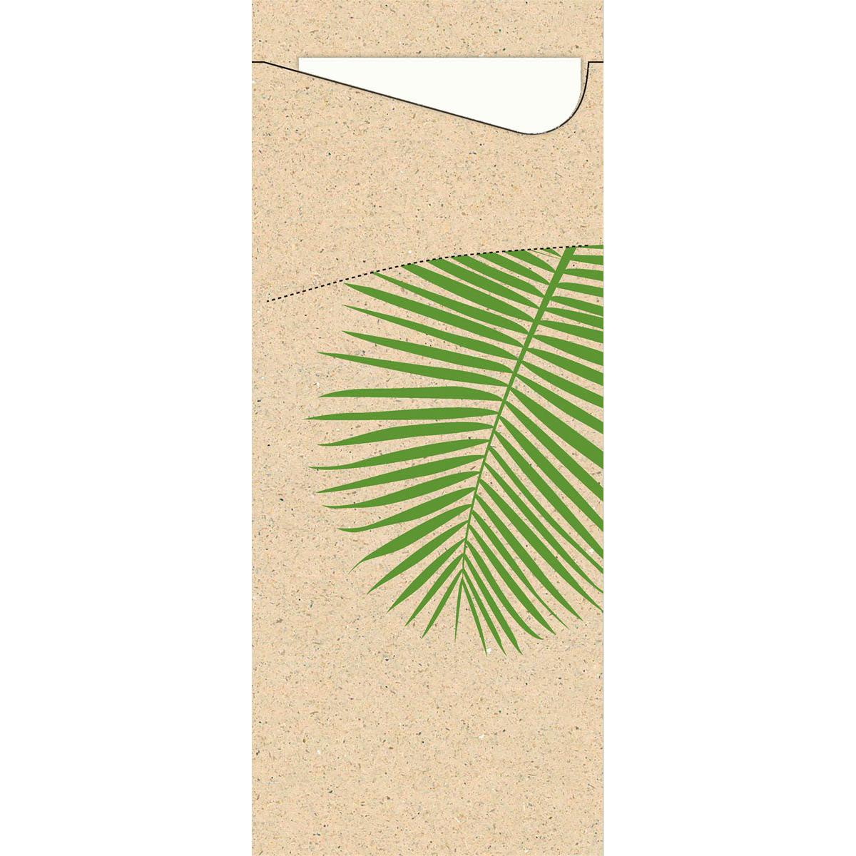 A green palm leaf lies diagonally on a brown, textured surface. At the top is a white envelope flap - matching the Sacchetto tissue 190 x 85 mm from Duni GmbH - partially visible.