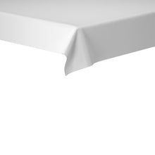 The close-up of a Duni GmbH Dunisilk tablecloth 118 x 120 cm shows the smooth white fabric that falls neatly over the edge - ideal for high-quality table decoration. The background is plain white.