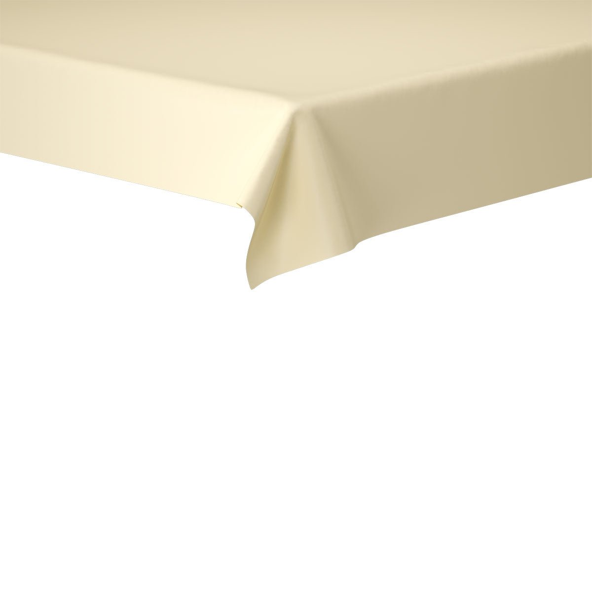 A close-up of the corner of a rectangular table with a Dunisilk tablecloth 118 x 120 cm from Duni GmbH in light cream or beige, serving as a high-quality table decoration, against a white background.