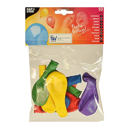 The PAPSTAR GmbH Balloons "Rainbow" (Ø 19 cm, assorted colors) are delivered in a clear pack of 10. With festive balloon designs and the text "Party feelings!" these uninflated balloons are perfect for any birthday or celebration.