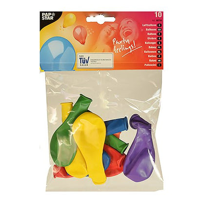 The PAPSTAR GmbH Balloons "Rainbow" (Ø 19 cm, assorted colors) are delivered in a clear pack of 10. With festive balloon designs and the text "Party feelings!" these uninflated balloons are perfect for any birthday or celebration.