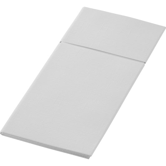 A white, rectangular Duniletto 480 x 400 mm from Duni GmbH is shown folded on a solid-colored background. Its subtly textured fabric with visible lines makes it a chic accessory for any set table.