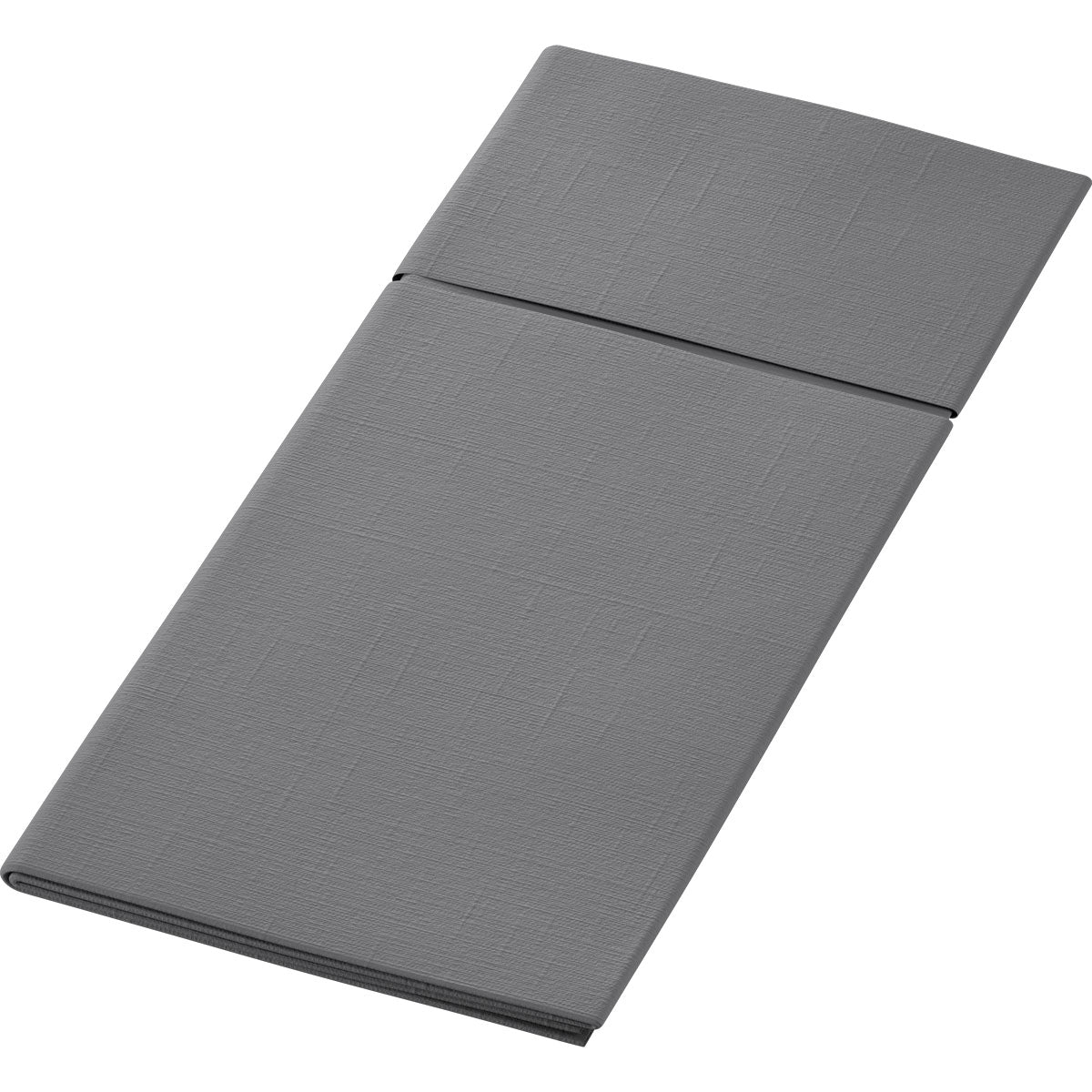On a white background, a folded, rectangular, gray Duniletto 480 x 400 mm from Duni GmbH is shown, featuring a subtle texture pattern and combining the form and elegance of a high-quality table accessory.