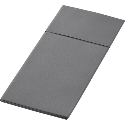 On a white background, a folded, rectangular, gray Duniletto 480 x 400 mm from Duni GmbH is shown, featuring a subtle texture pattern and combining the form and elegance of a high-quality table accessory.