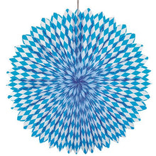 The PAPSTAR decorative fan Ø 75 cm, Bavarian Blue, by PAPSTAR GmbH, features a blue and white diamond pattern and is made of flame-retardant material - ideal for Oktoberfest decoration.