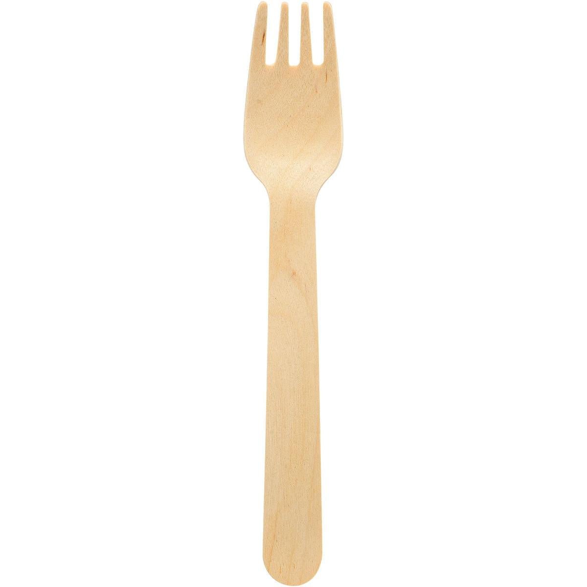 The Duni GmbH fork 160 mm, unwaxed wood is an eco-friendly wooden utensil that combines spoon and fork properties and is ideal for sustainable nutrition; available in packs of 100 pieces.