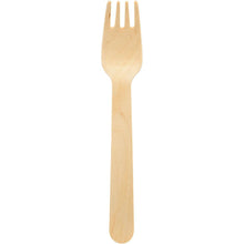 The Duni GmbH fork 160 mm, unwaxed wood is an eco-friendly wooden utensil that combines spoon and fork properties and is ideal for sustainable nutrition; available in packs of 100 pieces.