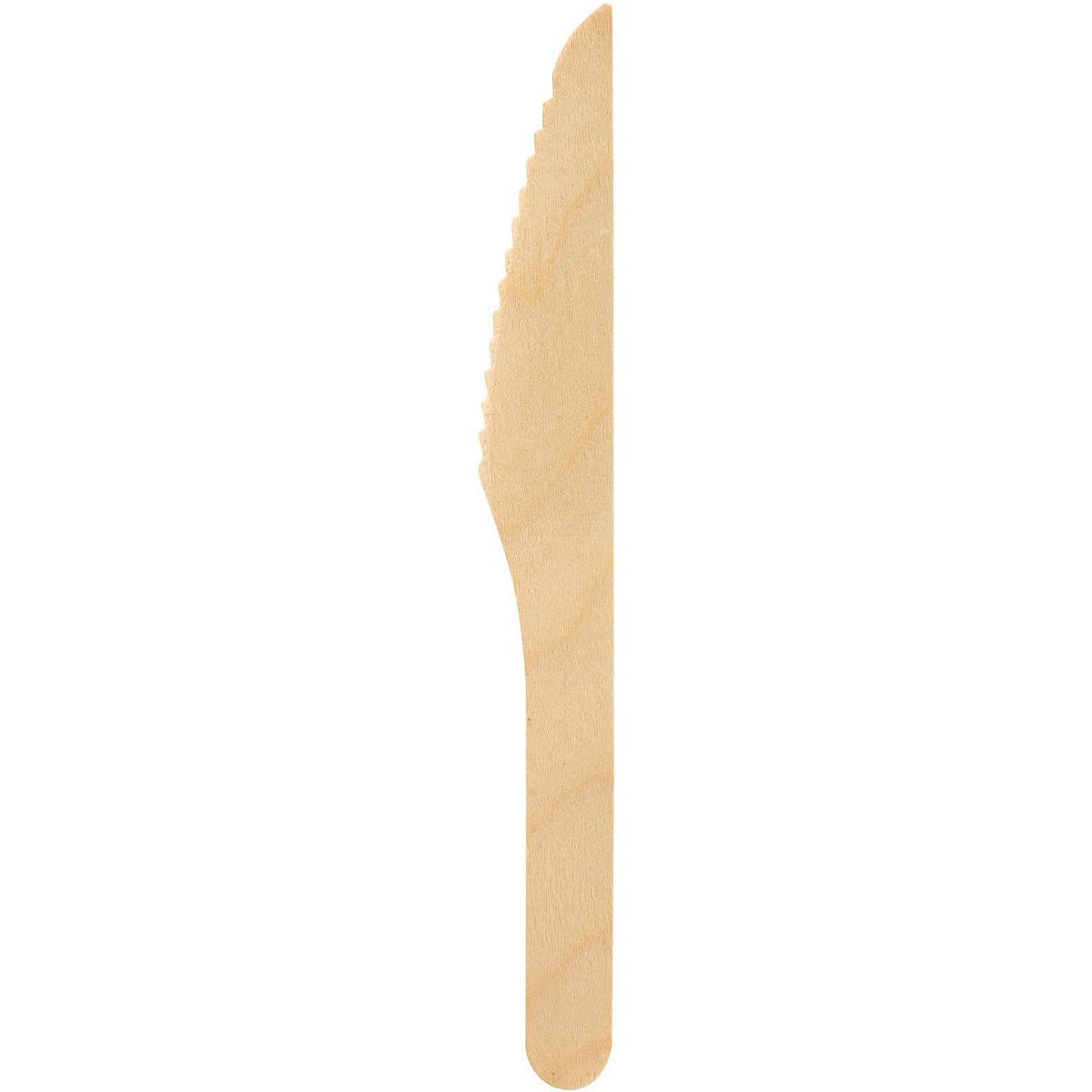 A knife (165 mm) made of unwaxed wood from Duni GmbH, with a flat handle and serrated blade, from the package "Natural unwaxed 165" (100 pieces), photographed against a white background.