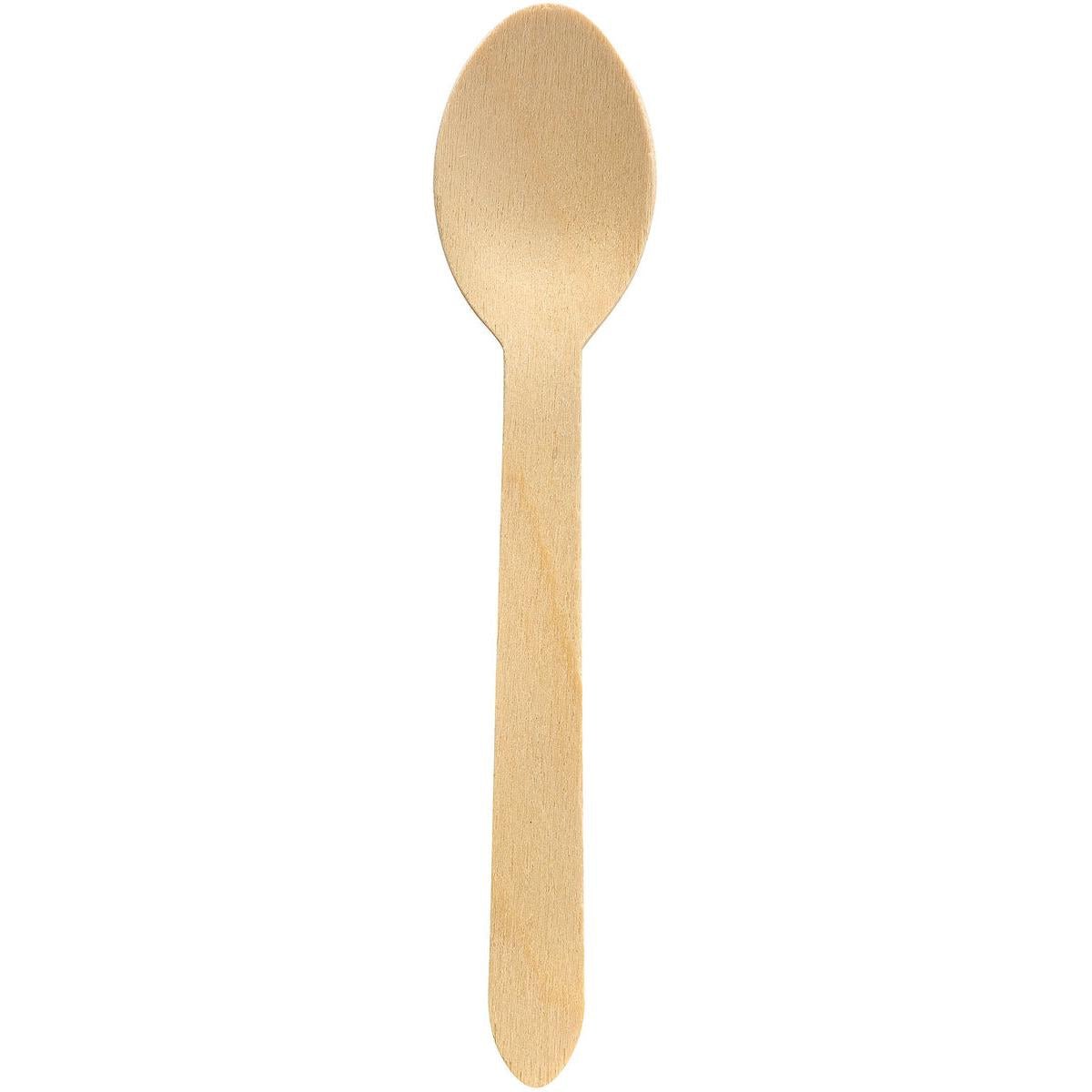 A Duni GmbH spoon 160 mm made of unwaxed wood with a flat handle and round spoon head, depicted on a white background. Pack of 100 pieces.