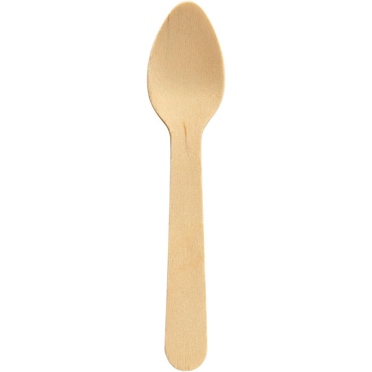 The Duni GmbH coffee spoon 110 mm, wood unwaxed, has a simple, light wood design with a flat handle. Sold as Natural unwaxed 110 in packs of 100 pieces and shown against a white background.