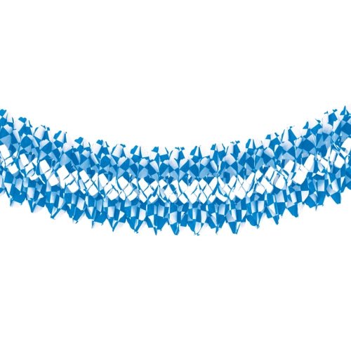 The PAPSTAR large room garland, flame retardant paper Ø 25 cm · 10 m from PAPSTAR GmbH features a blue and white diamond pattern – ideal decoration that is also flame retardant for safety reasons.