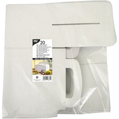 A transparent packaging of PAPSTAR GmbH contains 20 flat white lunch boxes “pure” made of cardboard (12.5 x 15.5 x 22.5 cm) with a carrying handle. The label shows product information, an assembled cardboard image, and highlights environmentally friendly cardboard.