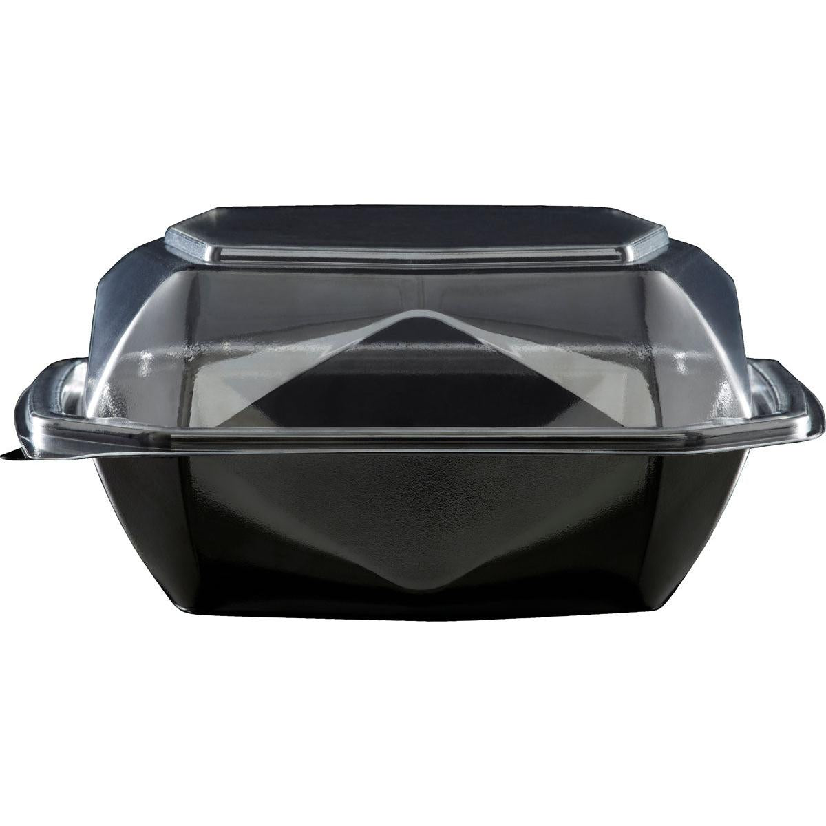 The Octaview® S food container from Duni GmbH (APET 150x150x70, Black/Transparent) is shown closed and empty, with a black base and clear hinged lid for good visibility of the contents. Package size: 400 pieces.