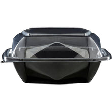 The Octaview® S food container from Duni GmbH (APET 150x150x70, Black/Transparent) is shown closed and empty, with a black base and clear hinged lid for good visibility of the contents. Package size: 400 pieces.