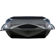Illustrated is an empty Octaview® M Black / Transparent APET 185x185x70 takeout container from Duni GmbH with a clear attached lid on a white background. The securely fastened lid emphasizes its use as food packaging.