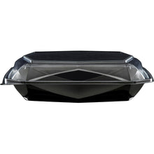 The Octaview® L Black / Transparent APET 225x225x65 food container from Duni GmbH is shown empty with a securely closed, clear lid, photographed from the front on a white background. Pack (100 pieces).
