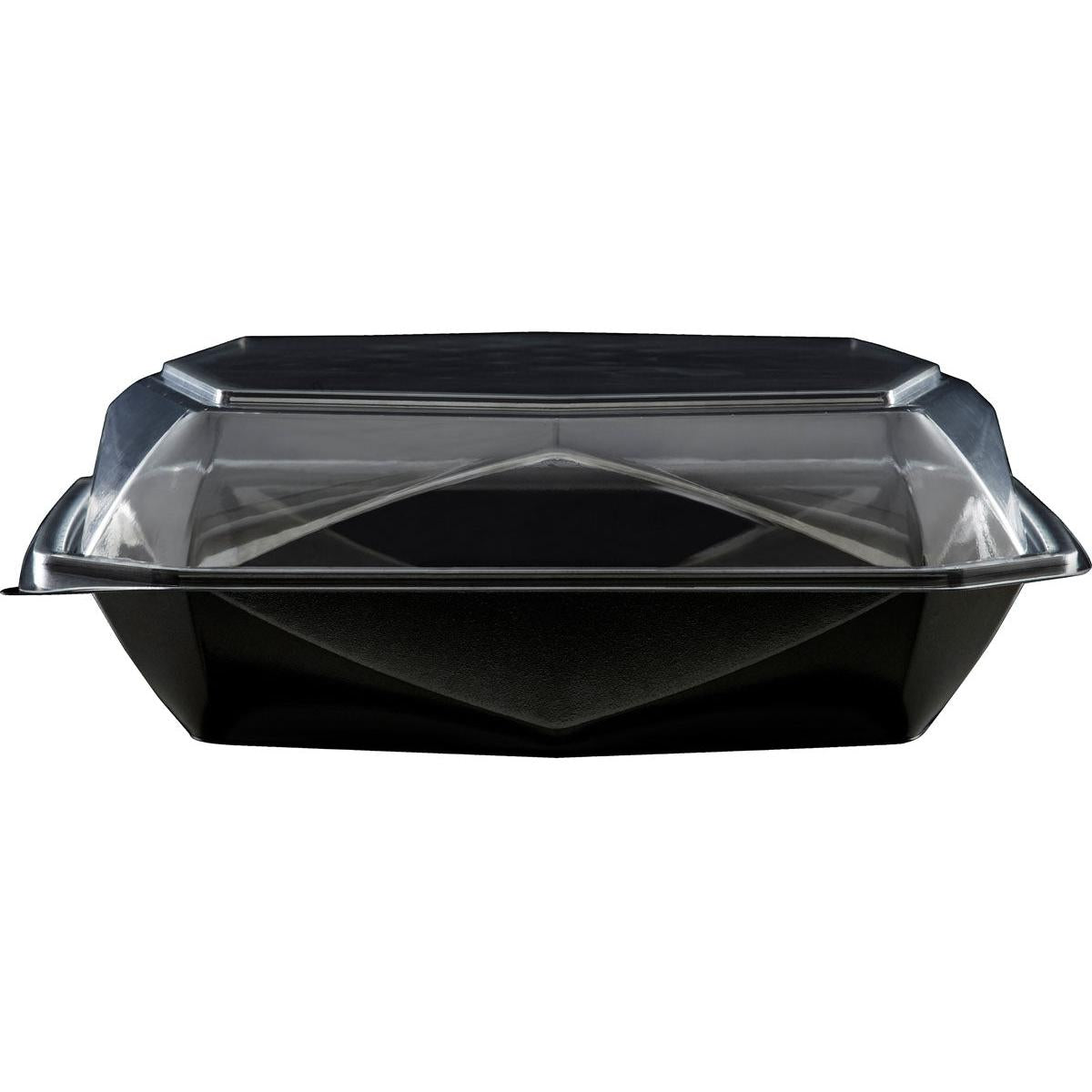 A Duni GmbH Octaview® L+ Black/Transparent APET 225x225x80 takeaway container with a clear lid is shown closed and empty against a white background. The package contains 100 pieces.